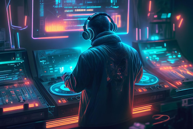 Audio del lettore DJ che mixa musica elettronica in una festa in discoteca Creato con la tecnologia Generative AI