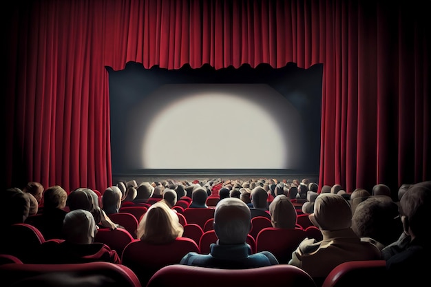 Auditorium cinematografico con tende rosse e riflettori cinematografici ai