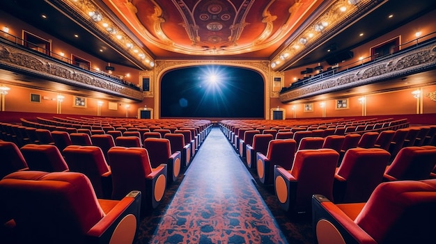 Auditorium cinematografico vuoto con file di sedili arancionigenerativo ai
