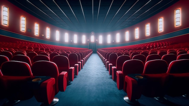 Auditorium cinematografico vuoto con file di sedili arancionigenerativo ai