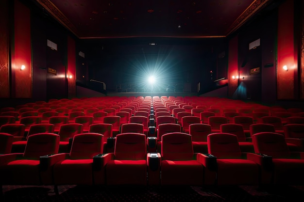 Auditorium cinematografico vuoto con file di sedili rossi illuminati da faretti Posti a sedere rossi vuoti e luminosi nelle file del cinema generati dall'intelligenza artificiale