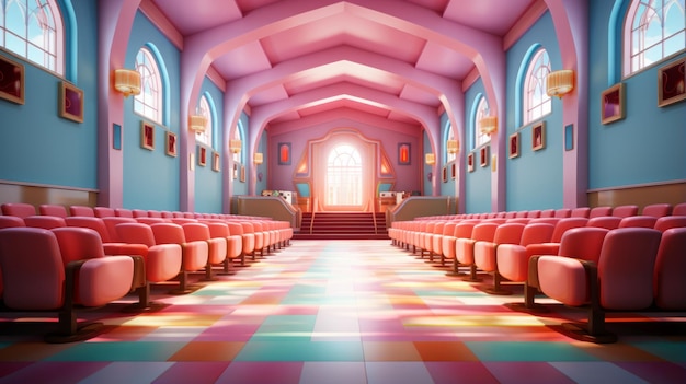 Auditorium con colori pastel rosa e blu