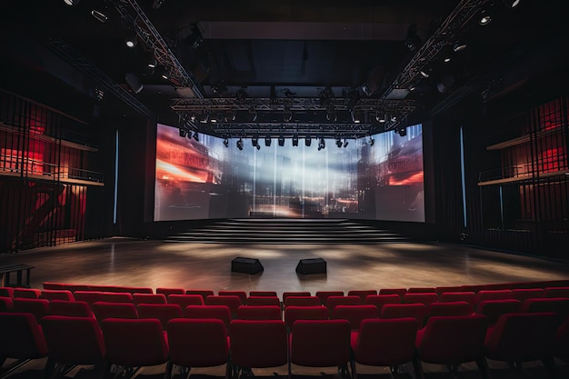 Auditorium del teatro con sedili rossi e illuminazione rendering 3d Una moderna sala di formazione con sedie di fronte a un palco gigante con un grande schermo che mostra l'intelligenza artificiale generata