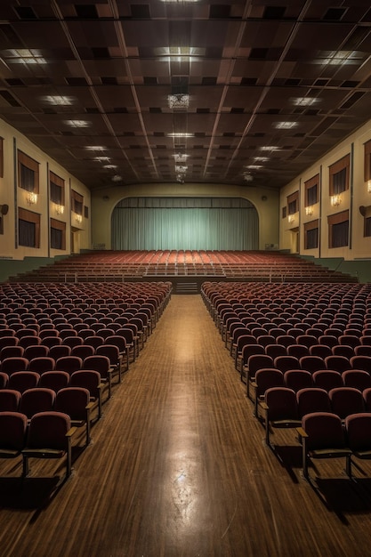 Auditorium vuoto con file di sedili e palcoscenico creato con ai generativi