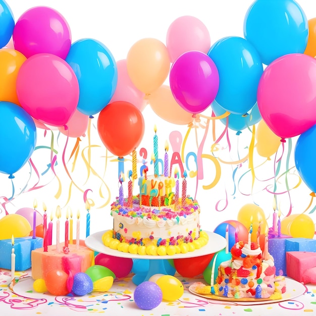 Auguri di buon compleanno con palloncini, candele e torta Attraenti buon compleanno Immagini colorate