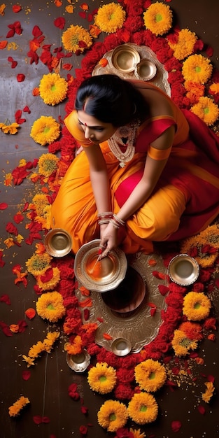 auguri di Diwali, decorazione di Rangoli con Diya o celebrazione della lampada con la famiglia