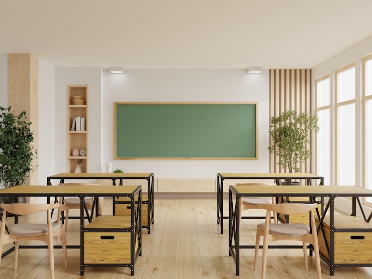 Foto aula con banchi di scuola e greenboardaula scolastica vuota
