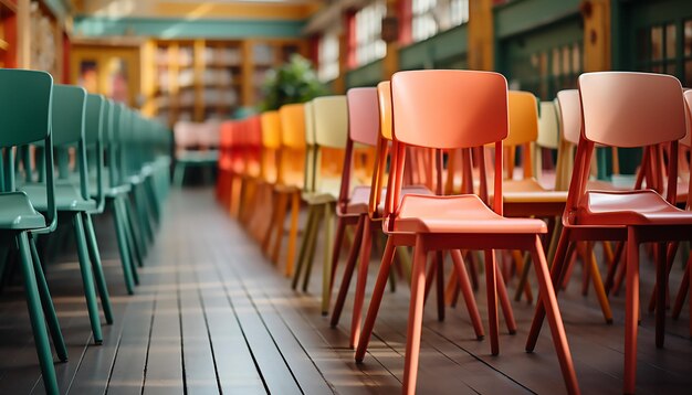 Aula con sedie colorate Aula vuota con sedie moderne in fila per l'apprendimento Sfondo in vista anteriore molto ravvicinato di sedie a fila marroni indietro a scuola