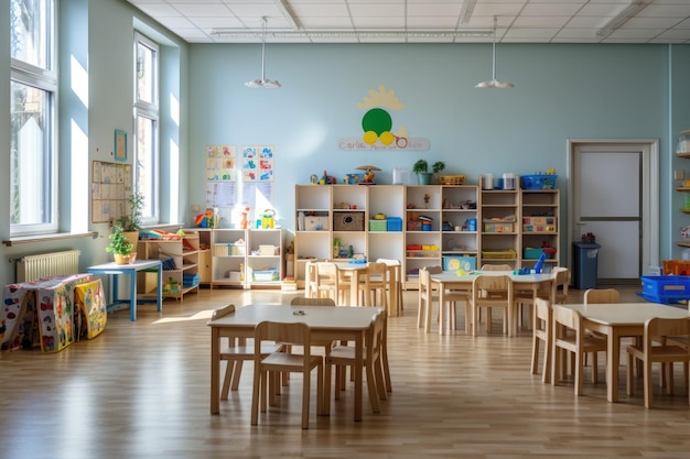 Aula di scuola materna con parete colorata e giocattoli torna a scuola Generativo ai