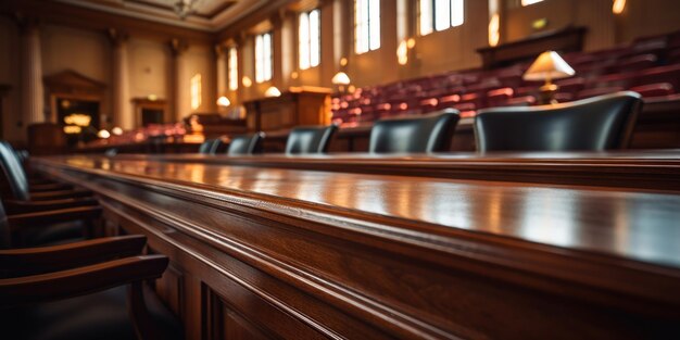 Aula di tribunale con design in legno e file di sedie in pelle nera