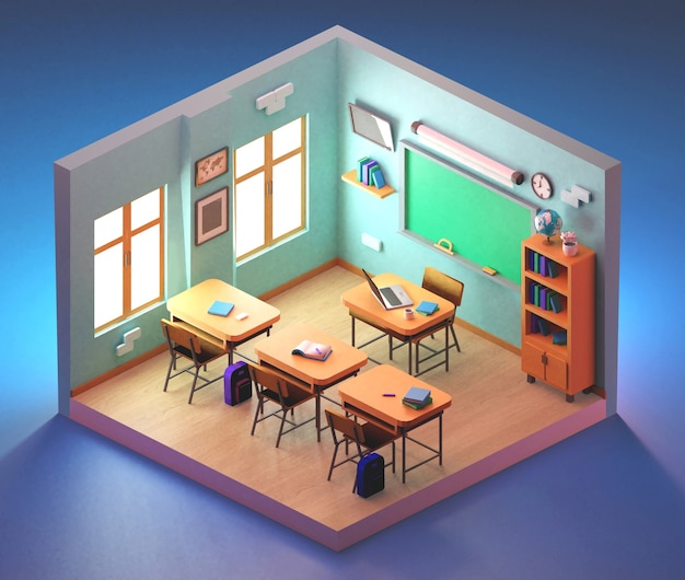 Aula scolastica isometrica. illustrazione 3D