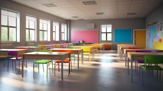 Aula scolastica vuota colorata positiva AI generata