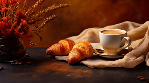 Aumentare l'energia al mattino con caffè e croissant