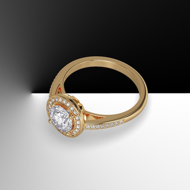 Aureola con pavé di diamanti rotondi con pavé laterale con gambo a cattedrale di gemme in oro giallo, rendering 3d