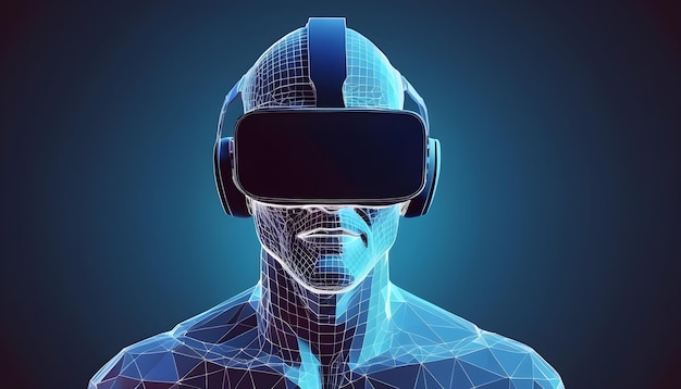 auricolare VR olografico uomo poligonale che indossa occhiali di realtà virtuale