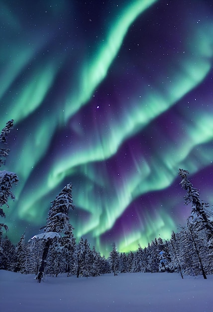 Aurora boreale Aurora boreale e bella stella sullo sfondo del cielo notturno Illustrazione 2D realistica