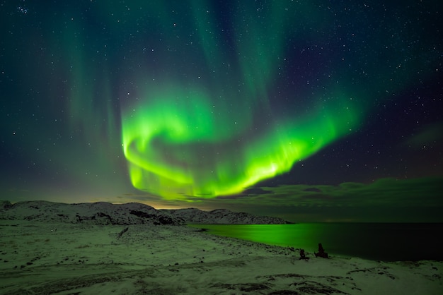 Aurora boreale (Aurora boreale) nel cielo sopra il Mare di Barents