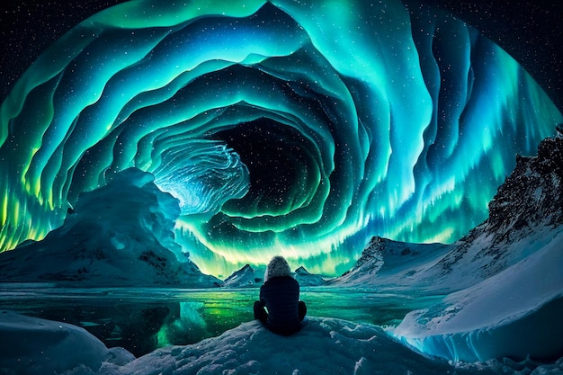 Aurora boreale. Aurora boreale nel cielo sopra l'illustrazione delle montagne