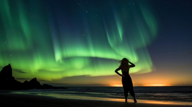 Aurora boreale aurora boreale sopra una donna sulla spiaggia IA generativa
