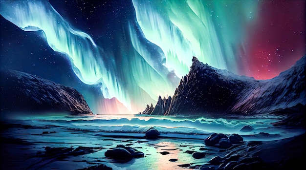 Aurora boreale di notte sopra le montagne IA generativa IA generativa