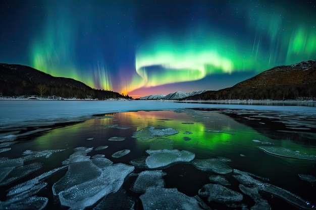 Aurora boreale e australe che danzano su un lago ghiacciato creato con l'IA generativa