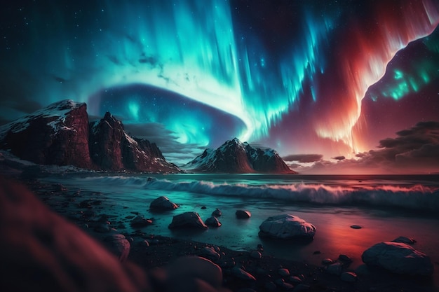 Aurora boreale polare realistica colorata, AI generativa