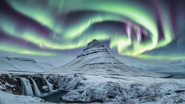 Aurora boreale settentrionale a Kirkjufell in Islanda Montagne di Kirkjufell d'inverno