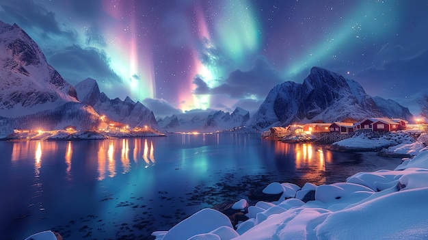 Aurora boreale sopra il villaggio di Reine, isole Lofoten, Norvegia