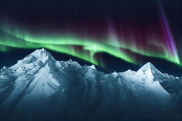 Aurora boreale sopra la catena montuosa artica 3D opera d'arte sullo sfondo della natura impressionante