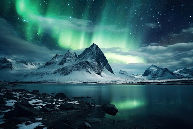 Aurora boreale sopra la catena montuosa innevata nelle luci del nord AI Generato