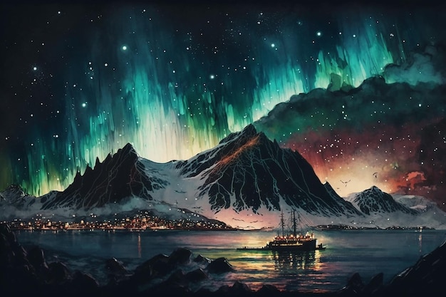 Aurora boreale sopra le montagne innevate del mare e la città generativa ai