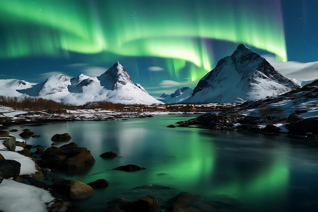 Aurora Boreale sopra una catena montuosa norvegese