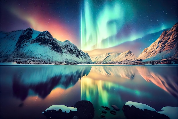 Aurora boreale sul fiordo di notte Norvegia IA generativa