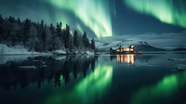 Aurora boreale sul lago in inverno Luci del Nord sullo sfondo invernale di Natale