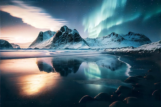 Aurora boreale sul mare, montagne innevate e luci della città di notte