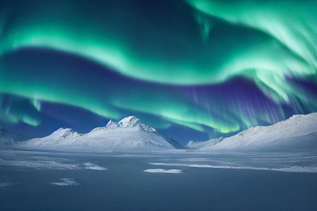 Aurora boreale sulle montagne innevate. Aurora boreale con stellato nel cielo notturno Fantastico inverno