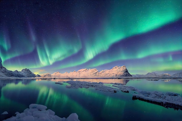 Aurora boreale verde porpora al bordo stesso della spiaggia dell'Islanda