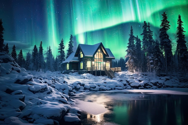 Aurora borealis luci settentrionali sopra una casa di legno nella foresta invernale AI Generato