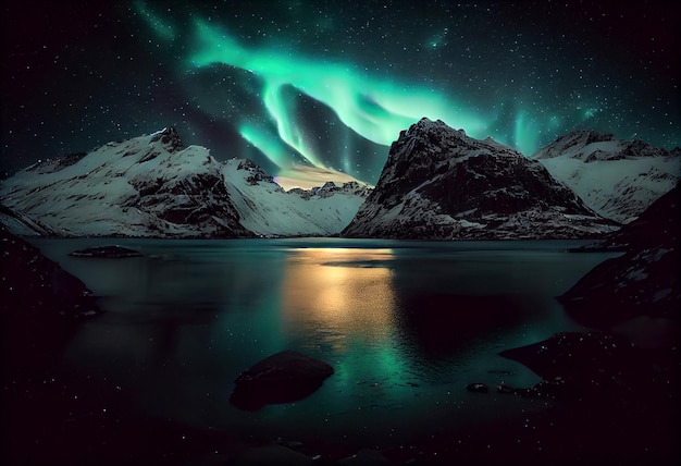 Aurora su Ersfjord e la costa rocciosa di Tugeneset con le montagne sullo sfondo Generative ai