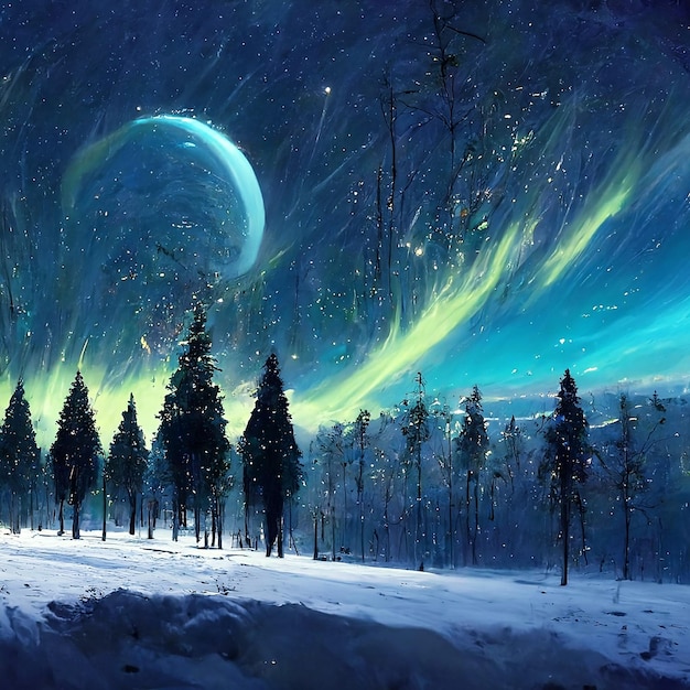 Aurora su un campo di neve e pini ghiacciati arte digitale