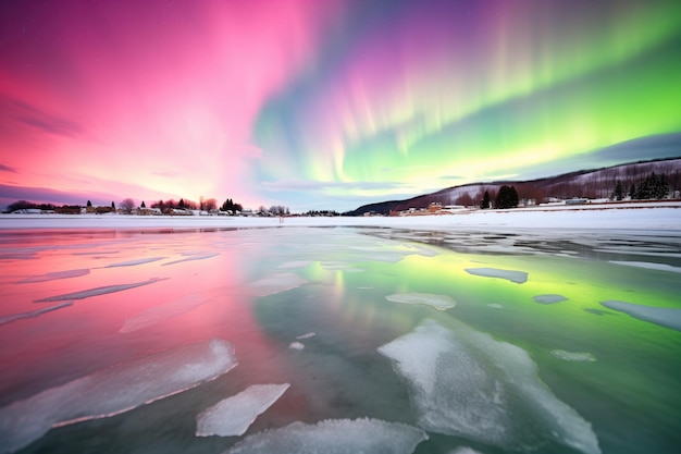 Aurora verde e rosa sul calmo lago ghiacciato