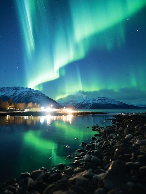 aurore boreali sulla strada in inverno