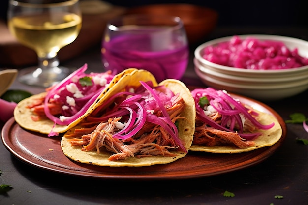 Autentica cochinita pibil messicana servita con tortilla e cipolle in salamoia