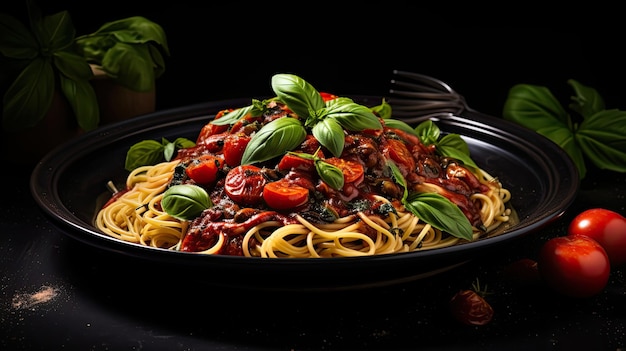 Autentici spaghetti italiani da pranzo con pomodori e salsa su piatto scuro guarniti con basilico fresco