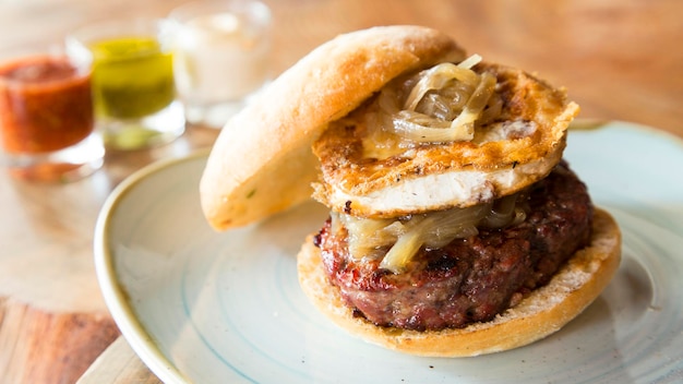 Autentico hamburger americano di alta qualità con formaggio di capra alla griglia.