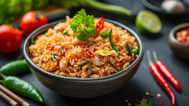 Autentico piatto di riso thailandese piccante della regione meridionale catturato in un'immagine ad alta risoluzione