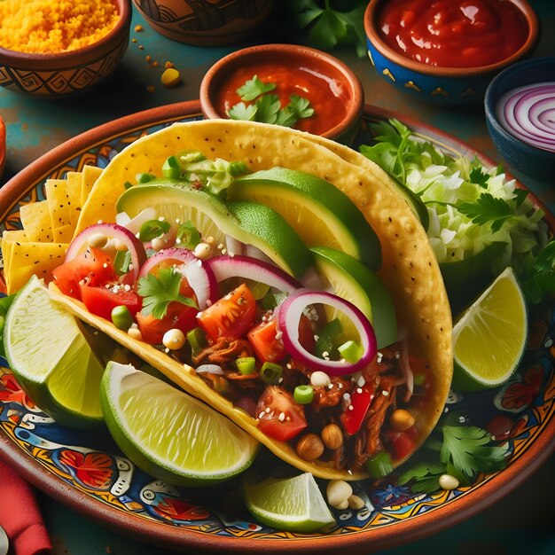 Autentico taco messicano a mano su un piatto colorato