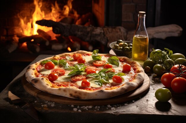 Authentic Pizza Margherita su tavolo a forno in pietra con vigne toscane in lontananza