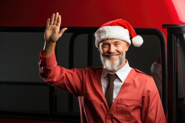 Autista di autobus in uniforme festiva di Capodanno che inaugura i passeggeri del tour delle vacanze isolati