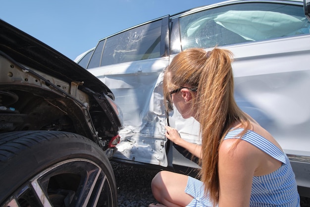 Autista stressato seduto sul lato della strada scioccato dopo un incidente d'auto Concetto di sicurezza e assicurazione stradale